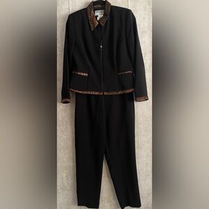 Jessica Howard Women’s 2pc Black Animal Trim Zip Up Blazer Jacket Pants Sz 10P